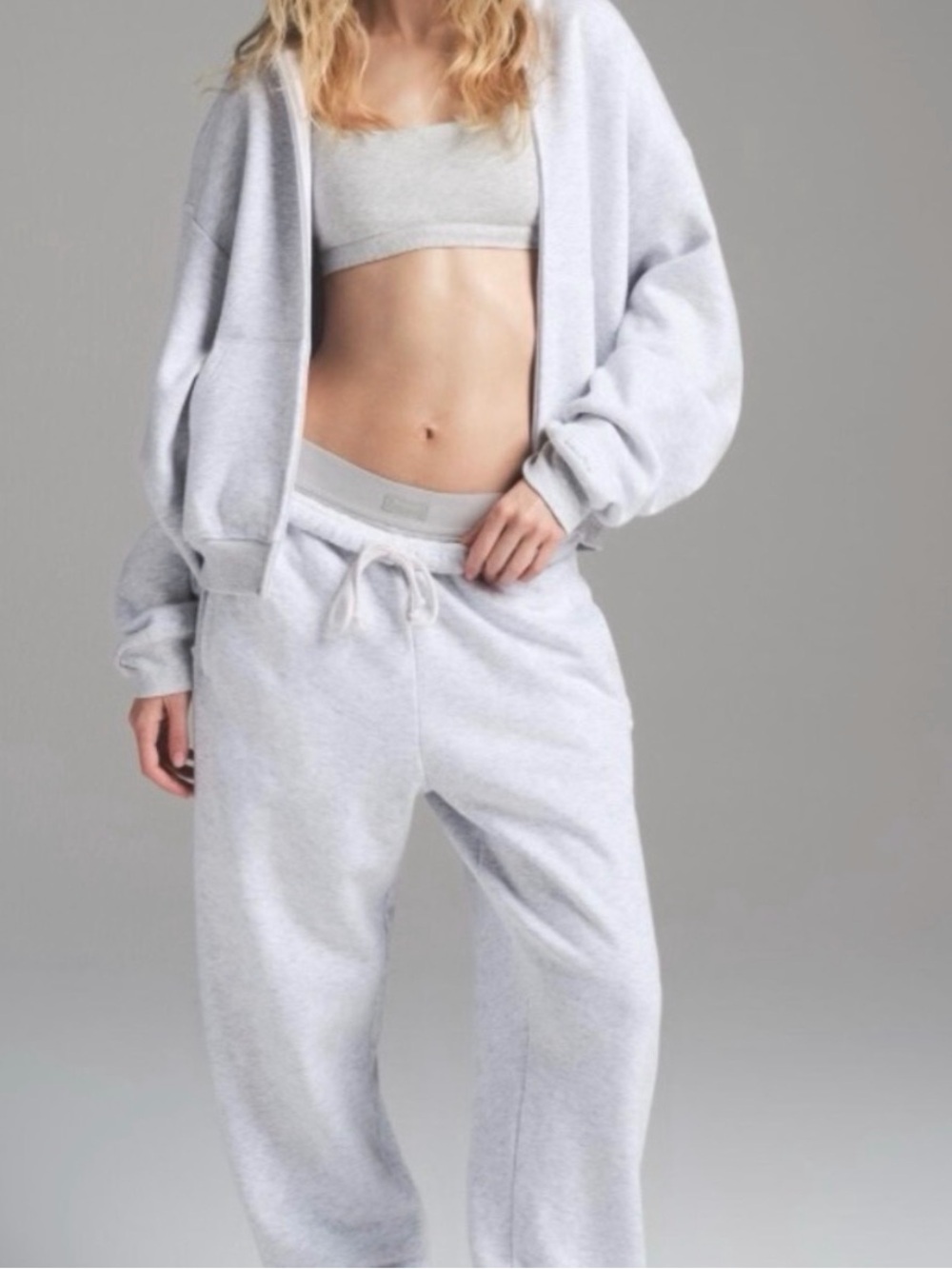 SKIMS Light Heather Gray Track Hooded Zip Up Sweater and Sweat Pant Joggers